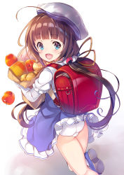Rule 34 | 10s, 1girl, :d, absurdres, ahoge, apple, backpack, bag, beret, blue eyes, brown hair, commentary request, food, from behind, fruit, hat, highres, hinatsuru ai, looking at viewer, looking back, mayusaki yuu, onion, open mouth, panties, randoseru, ryuuou no oshigoto!, school uniform, simple background, smile, solo, standing, standing on one leg, twintails, underwear, white background, white hat, white panties