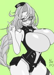Rule 34 | action taimanin, blush, braid, breasts, emily simmons, glasses, hat, highleg, highleg leotard, huge breasts, leotard, lilith-soft, lipstick, long hair, looking at viewer, makeup, mole, mole under mouth, navel, nurse, nurse cap, smile, solo, taimanin (series), very long hair