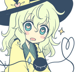 Rule 34 | 1girl, blue eyes, blush stickers, bow, buttons, collared shirt, diamond button, drooling, frilled shirt collar, frills, green eyes, green hair, hat, hat bow, hat ribbon, heart, heart-shaped pupils, heart of string, komeiji koishi, long hair, looking at viewer, miruki, open mouth, ribbon, shirt, solo, symbol-shaped pupils, third eye, touhou