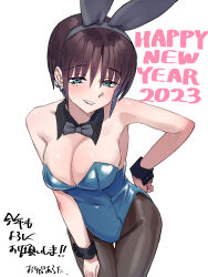 Rule 34 | 1girl, 2023, animal ears, artist name, black collar, black hair, black pantyhose, blue eyes, blue leotard, bow, bowtie, breasts, chinese zodiac, cleavage, collar, commentary, covered navel, cowboy shot, detached collar, ear piercing, earrings, fake animal ears, grey bow, grey bowtie, grin, half-closed eyes, hand on own hip, hand on own thigh, happy new year, highres, jewelry, kotoyoro, large breasts, leaning forward, leotard, looking at viewer, mole, mole under eye, new year, oribe arata, original, pantyhose, piercing, playboy bunny, rabbit ears, short hair, signature, simple background, smile, smirk, solo, standing, thigh gap, white background, wing collar, wrist cuffs, year of the rabbit
