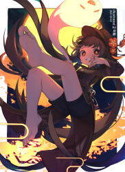 Rule 34 | 1girl, absurdres, artist name, barefoot, black nails, black shorts, boo tao (genshin impact), brown hair, commentary, dated, feet, flower, genshin impact, ghost, grin, hat, hat flower, highres, hu tao (genshin impact), jewelry, long hair, long sleeves, looking at viewer, multiple rings, nail polish, red eyes, red flower, ring, shorts, smile, soles, toes, tsukibara, twintails, very long hair
