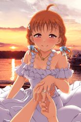 Rule 34 | 1girl, alternate hairstyle, antenna hair, artist name, artist request, bare shoulders, beach, blush, bow, braid, breasts, cleavage, cloud, collarbone, dress, female focus, frill trim, frills, hair bow, halter dress, halterneck, highres, holding hands, jewelry, looking at viewer, love live!, love live! school idol festival, love live! school idol festival all stars, love live! sunshine!!, medium breasts, necklace, ocean, off-shoulder dress, off shoulder, orange hair, orange sky, outdoors, parted lips, qy73, red eyes, ring, short hair, sky, sleeveless, sleeveless dress, smile, solo, star (symbol), star necklace, sunset, takami chika, twintails, white bow, white dress