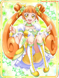 Rule 34 | 1girl, bike shorts, boots, bow, breasts, brooch, brown hair, choker, clover earrings, clover hair ornament, clover print, collarbone, cure rosetta, dokidoki! precure, double bun, dress, green background, green choker, hair bun, hair ornament, hanzou, heart, heart brooch, highres, jewelry, long hair, looking at viewer, open mouth, precure, puffy short sleeves, puffy sleeves, short sleeves, sitting, small breasts, smile, solo, twitter username, two-tone background, very long hair, waist bow, white dress, white footwear, wrist cuffs, yellow dress, yellow eyes, yotsuba alice