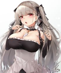 Rule 34 | 1girl, azur lane, bare shoulders, between breasts, black dress, blush, breasts, cleavage, cowboy shot, dated, dress, earrings, formidable (azur lane), frilled dress, frills, grey hair, hair ribbon, hands up, highres, jewelry, large breasts, long hair, long sleeves, looking at viewer, red eyes, ribbon, signature, solo, toyosaki shu, twintails, two-tone dress, very long hair