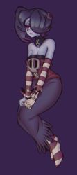 Rule 34 | 1girl, blue background, blue hair, blue skin, breasts, cleavage, colored skin, detached collar, detached sleeves, dress, fujimna, hair over one eye, half-closed eyes, highres, red eyes, side ponytail, skeletal arm, skullgirls, solo, squigly (skullgirls), stitched mouth, stitches, striped legwear, zombie