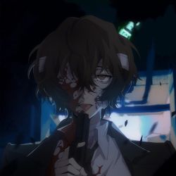 Rule 34 | 1boy, :p, bandaged head, bandages, bandaid, bandaid on face, black necktie, blood, blood on face, blood splatter, brown eyes, brown hair, bungou stray dogs, collared shirt, commentary request, dazai osamu (bungou stray dogs), dress shirt, formal, gun, hair between eyes, highres, holding, holding gun, holding weapon, looking at viewer, male focus, necktie, portrait, shirt, short hair, solo, suit, tongue, tongue out, waistcoat, weapon, white shirt, ziyi zhengjun