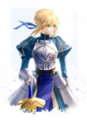 Rule 34 | 1girl, absurdres, armor, armored dress, artoria pendragon (all), artoria pendragon (fate), blonde hair, blue background, blue dress, blue ribbon, braid, braided bun, breastplate, closed mouth, dress, excalibur (fate/stay night), fate/stay night, fate (series), faulds, floating hair, gauntlets, green eyes, hair bun, hair ribbon, hand on hilt, highres, hoshi rasuku, looking to the side, ribbon, saber (fate), short hair with long locks, sidelocks, solo, standing, sword, weapon, white background