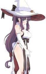 Rule 34 | 1girl, absurdres, bare shoulders, blue eyes, blush, breasts, cosplay, costume, covered erect nipples, dress, elbow gloves, embarrassed, gloves, hat, highres, large breasts, long hair, looking at viewer, new game!, purple hair, simple background, sincos, solo, takimoto hifumi, white background, white dress, white gloves, witch, witch hat