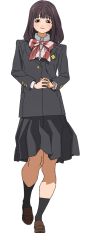 Rule 34 | 1girl, akebi-chan no serafuku, black eyes, black jacket, black skirt, black socks, blazer, blush, bow, bowtie, brown footwear, collared shirt, diagonal-striped bow, diagonal-striped bowtie, diagonal-striped clothes, dress shirt, full body, highres, jacket, kneehighs, loafers, long sleeves, looking at viewer, medium hair, official art, own hands together, pleated skirt, purple hair, red bow, red bowtie, roubai academy school uniform (new), shijou riona, shirt, shoes, simple background, skirt, smile, socks, solo, standing, striped clothes, tachi-e, transparent background, white shirt