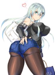 Rule 34 | 10s, 1girl, alternate costume, aqua eyes, aqua hair, ass, ass grab, bag, bare shoulders, blush, breasts, brown pantyhose, camisole, denim, denim shorts, earrings, fingernails, from behind, hair ornament, hairclip, hand on own ass, handbag, heart, highres, huge ass, jewelry, kantai collection, large breasts, leaning, leaning forward, long fingernails, long hair, looking at viewer, looking back, luna (gunfire), nail polish, pantyhose, pantyhose under shorts, perky breasts, sharp fingernails, shiny clothes, shiny skin, short shorts, shorts, simple background, smile, solo, suzuya (kancolle), very long hair, white background