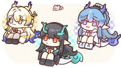 Rule 34 | 3girls, :/, :3, antlers, arknights, black hair, blonde hair, blue eyes, blue hair, checkered background, chibi, chinese commentary, closed mouth, coat, colored tips, commentary request, detached sleeves, dragon bubble (arknights), dragon girl, dragon tail, dusk (arknights), earrings, full body, fur-tipped tail, gloves, horns, jewelry, juhao0101, knees up, ling (arknights), long hair, multicolored hair, multiple girls, pointy ears, ponytail, red eyes, shirt, shu (arknights), siblings, sidelocks, sisters, sitting, sleeveless, smile, strapless, tail, white coat, white hair, white shirt, yellow background