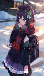 Rule 34 | 1girl, animal ears, bag, blurry, blurry background, blush, breath, brown hair, buttons, closed mouth, coat, double-breasted, green sweater, hair ornament, hairclip, hand up, highres, horse ears, horse girl, horse tail, lens flare, long hair, long sleeves, mejiro dober (umamusume), ninjin nouka, outdoors, purple eyes, purple skirt, scarf, school bag, skirt, sleeves past fingers, sleeves past wrists, snow, solo, standing, sweater, tail, umamusume