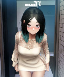 Rule 34 | 1girl, arms at sides, black hair, blue hair, blush, breasts, brown eyes, closed mouth, commentary, doorway, dress, hair ornament, hairclip, highres, jungon kim, leaning forward, long hair, looking at viewer, medium breasts, multicolored hair, original, see-through, see-through sleeves, solo, standing, two-tone hair, white dress