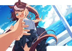 Rule 34 | 1girl, ;d, animal ears, blue bow, blue eyes, blue skirt, blue sky, blush, bow, brown hair, cloud, collared shirt, day, floating hair, hair bow, highres, horse ears, horse girl, horse tail, letterboxed, long hair, looking at viewer, multicolored hair, ocean, one eye closed, open mouth, pleated skirt, ponytail, pov, pov hands, red ribbon, ribbon, round teeth, saboten mushi, shirt, short sleeves, skirt, sky, smile, solo focus, streaked hair, tail, teeth, tokai teio (umamusume), umamusume, very long hair, white hair, white shirt