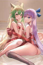 Rule 34 | 2girls, absurdres, animal ears, ass, atalanta (fate), back, blonde hair, blue eyes, blue ribbon, blush, braid, breasts, cat ears, censored nipples, convenient censoring, fate/apocrypha, fate/extra, fate/extra ccc, fate (series), french braid, gradient hair, green eyes, green hair, hair ribbon, highres, hitomin (ksws7544), licking lips, long hair, looking at viewer, medium breasts, meltryllis (fate), multicolored hair, multiple girls, nude, open mouth, prosthesis, prosthetic leg, purple hair, red ribbon, ribbon, small breasts, smile, thighs, tongue, tongue out, very long hair