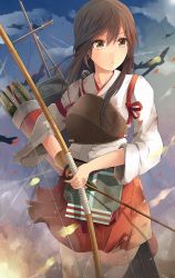 Rule 34 | 10s, 1girl, aircraft, airplane, akagi (kancolle), arrow (projectile), bow (weapon), brown eyes, brown hair, closed mouth, cloud, cowboy shot, frown, gloves, holding, holding weapon, japanese clothes, jenson tw, kantai collection, long hair, looking to the side, muneate, outdoors, partially fingerless gloves, partly fingerless gloves, quiver, red ribbon, red skirt, ribbon, rope, scar, shirt, single glove, single thighhigh, skirt, sky, solo, tasuki, thighhighs, water drop, weapon, white shirt, white thighhighs, yugake, zettai ryouiki
