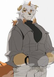 Rule 34 | 1boy, arknights, black shirt, furry, furry male, hachi duchi, hands in pockets, highres, horns, hung (arknights), long hair, looking to the side, male focus, mythological creature, orange eyes, shirt, signature, single horn, solo, tail, white background