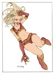 Rule 34 | 1girl, animification, armor, blonde hair, blue eyes, breasts, cosplay, full body, highres, iron man, kotoyama, long hair, marvel, power armor, solo, tony stark