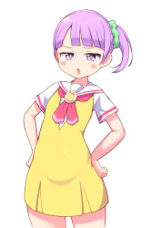 Rule 34 | &gt;:o, bare arms, blunt bangs, blush, breasts, child, covered navel, dress, eyelashes, green scrunchie, half-closed eyes, hands on own hips, highres, looking at viewer, manaka non, open mouth, pretty series, pripara, purple eyes, purple hair, sabfish1229, sailor collar, scrunchie, short dress, short hair, short sidetail, short sleeves, simple background, small breasts, standing, v-shaped eyebrows, white background, white sailor collar, yellow dress