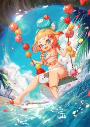 Rule 34 | 1girl, anklet, bikini, blue eyes, blue sky, blush, breasts, day, fangs, flip-flops, frilled bikini, frills, highres, inkling, inkling girl, inkling player character, jewelry, lens flare, looking at viewer, mask, nintendo, open mouth, orange hair, palm tree, sandals, short hair, sky, small breasts, solo, swimsuit, swing, tentacle hair, tree, water, white bikini, yu-ri (arium047)