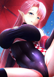 Rule 34 | 1girl, absurdres, azur lane, black gloves, black leotard, black thighhighs, blue eyes, blush, breasts, cameltoe, clothing cutout, commentary request, duke of york (azur lane), duke of york (prestige of the glorious formula) (azur lane), elbow gloves, from below, gloves, guchagucha, highres, leotard, licking lips, light blush, long hair, looking at viewer, pointy ears, purple hair, race queen, red umbrella, solo, thighhighs, tongue, tongue out, umbrella, underboob, underboob cutout, very long hair