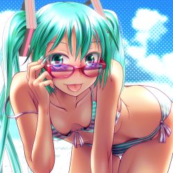 Rule 34 | 1girl, :p, aqua eyes, aqua hair, bent over, bikini, breasts, butt crack, cleavage, collarbone, day, downpants, face, foreshortening, front-tie top, glasses, green eyes, green hair, hatsune miku, highres, jewelry, long hair, matching hair/eyes, medium breasts, nail polish, outdoors, ring, smile, solo, strap slip, striped bikini, striped clothes, sunglasses, swimsuit, tongue, tongue out, twintails, very long hair, vocaloid, wokada