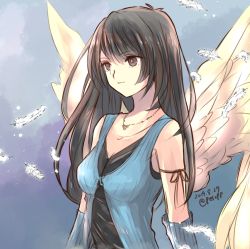 Rule 34 | 1girl, arm warmers, black hair, blue dress, brown eyes, dress, falling feathers, feathers, final fantasy, final fantasy viii, jewelry, necklace, peso kongari, ribbon, rinoa heartilly, solo, square enix, straight hair, wings
