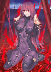Rule 34 | 1girl, absurdres, arm support, armor, cloud, collarbone, fate/grand order, fate (series), full body, hand on own chest, high heels, highres, kumasang, lips, long hair, pauldrons, polearm, purple hair, red eyes, scathach (fate), see-through, shoulder armor, sitting, skin tight, sky, solo, spear, wariza, weapon