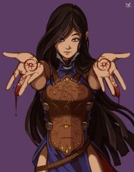 Rule 34 | 1girl, armor, black hair, blood, bodypaint, breastplate, castlevania (series), castlevania: order of ecclesia, joakim sandberg, long hair, looking at viewer, outstretched arms, parted bangs, shanoa, solo, very long hair
