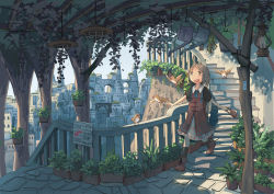 Rule 34 | 1girl, ahoge, bird, brown eyes, brown hair, cityscape, commentary request, dress, fantasy, lantern, long dress, medium hair, original, plant, potted plant, scenery, short sleeves, sign, stairs, walking, watering can, wu ba pin