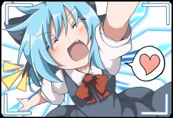 Rule 34 | 1girl, blue dress, blue hair, bow, cirno, commentary request, do (4-rt), dress, closed eyes, fang, hair bow, heart, ice, ice wings, open mouth, puffy short sleeves, puffy sleeves, shirt, short sleeves, smile, solo, spoken heart, touhou, viewfinder, wings