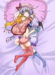 Rule 34 | 2girls, ao, ao (pixiv), bad id, bad pixiv id, bat wings, bed, blonde hair, bloomers, closed eyes, fang, feet, female focus, flandre scarlet, frilled pillow, frills, hat, highres, hug, incest, legs, light purple hair, multiple girls, pappappao, pillow, ponytail, red eyes, remilia scarlet, short hair, siblings, side ponytail, sisters, smile, socks, striped clothes, striped legwear, striped thighhighs, thighhighs, touhou, underwear, wings, yuri