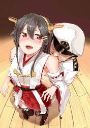 Rule 34 | 10s, 1boy, 1girl, admiral (kancolle), bare shoulders, black hair, blush, grabbing another&#039;s breast, detached sleeves, grabbing, groping, hairband, haruna (kancolle), hetero, japanese clothes, kantai collection, long hair, multiple girls, nontraditional miko, open mouth, poco (backboa), smile, thighhighs