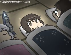 Rule 34 | 3girls, :o, black hair, blunt bangs, brown hair, closed eyes, commentary request, dated, futon, hamu koutarou, handheld game console, hatsuyuki (kancolle), headgear, kantai collection, long hair, lying, miyuki (kancolle), multiple girls, murakumo (kancolle), on back, on stomach, pillow, playstation portable, sleeping, smile, sparkle, under covers, white hair