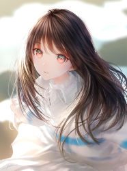Rule 34 | 1girl, blurry, blurry background, brown eyes, brown hair, collared shirt, expressionless, frilled shirt collar, frills, highres, long hair, looking at viewer, ojay tkym, original, parted lips, shirt, sitting, solo, white shirt