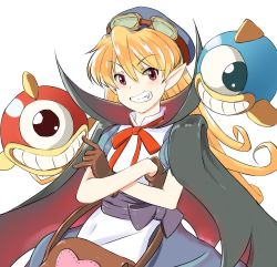 Rule 34 | 1girl, apron, bag, blonde hair, blue hat, bow, cape, commentary request, curly hair, dress, fang, gloves, goggles, goggles on head, hat, heart, long hair, marivel armitage, pointy ears, ribbon, smile, vampire, wild arms, wild arms 2