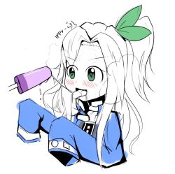 Rule 34 | 10s, 1girl, blush, choker, drooling, food, green eyes, hair ornament, ice cream, if (neptunia), jacket, keramatzmode, leaf hair ornament, long hair, neptune (series), ponytail, popsicle, saliva, saliva trail, sexually suggestive, simple background, sleeves past wrists, solo, upper body, white background