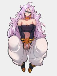 Rule 34 | 1girl, android 21, bare shoulders, blue eyes, breasts, cleavage, dragon ball, dragon ball fighterz, full body, glasses, grey background, hair between eyes, kemachiku, long hair, majin android 21, midriff, navel, pink hair, simple background, solo