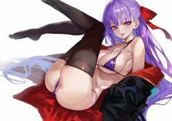 Rule 34 | 1girl, ass, bare shoulders, bb (fate), bikini, black cape, black choker, black thighhighs, breasts, cape, choker, closed mouth, collarbone, fate/extra, fate/extra ccc, fate/grand order, fate (series), hair flowing over, hair ribbon, highres, large breasts, long hair, looking at viewer, no shoes, purple bikini, purple eyes, purple hair, red ribbon, ribbon, simple background, smile, solo, suujiniku, swimsuit, thighhighs, thighs, tongue, tongue out, white background