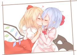 Rule 34 | 2girls, ascot, bat wings, black wings, blonde hair, blue hair, blush, brooch, closed eyes, crystal, flandre scarlet, french kiss, from side, heart, holding hands, incest, interlocked fingers, jewelry, kiss, long sleeves, multiple girls, pink shirt, pointy ears, puffy sleeves, red ascot, red skirt, red vest, remilia scarlet, sakurea, shirt, siblings, sisters, skirt, skirt set, tongue, touhou, upper body, vest, white shirt, wings, yellow ascot, yuri