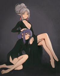 Rule 34 | 2girls, absurdres, alternate hairstyle, barefoot, black dress, black footwear, breasts, choker, closed mouth, commentary, crossed legs, dress, earrings, elf, english commentary, fern (sousou no frieren), formal, frieren, green eyes, grey background, grey hair, hair between eyes, hair bun, hair up, hand on another&#039;s head, high heels, highres, holding hands, jewelry, knee up, leaning on person, leaning to the side, leg tattoo, long hair, long sleeves, mawaw, multiple girls, nail polish, on floor, plunging neckline, pointy ears, purple eyes, purple hair, single hair bun, small breasts, sousou no frieren, tattoo, toenail polish, toenails, updo