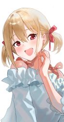 Rule 34 | 1girl, :d, absurdres, bare shoulders, blonde hair, blush, breasts, dinsoreprong64, frilled shirt, frills, highres, looking at viewer, lycoris recoil, nishikigi chisato, open mouth, red eyes, shirt, short hair, short twintails, simple background, smile, solo, twintails, upper body, white background, white shirt