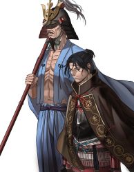 Rule 34 | 2boys, absurdres, armor, ashina genichirou, ashina isshin, bad id, bad twitter id, beard, black hair, breastplate, closed mouth, facial hair, grandfather and grandson, hakama, hakama pants, height difference, helmet, heterochromia, highres, holding, holding polearm, holding weapon, jacket, japanese armor, japanese clothes, kabuto (helmet), long beard, looking at viewer, multiple boys, navel, one eye closed, pants, plume, polearm, ponytail, scar, scar across eye, sekiro: shadows die twice, short ponytail, simple background, ssanghwa tang1, sword saint isshin, weapon, white background