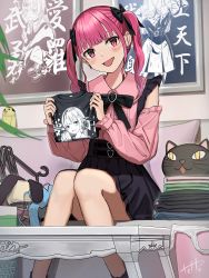 Rule 34 | 1girl, :d, absurdres, bare legs, black bow, black skirt, black socks, blush, bow, coffee table, detached sleeves, fang, feet out of frame, folding clothes, hair bow, high-waist skirt, highres, hinamizawa hinami (tetto), holding, holding clothes, indoors, jirai kei, knees together feet apart, miniskirt, open mouth, original, pink eyes, pink hair, pink shirt, poster (object), shirt, sitting, skirt, sleeveless, sleeveless shirt, smile, socks, solo, table, tetto (onnoveltet), twintails