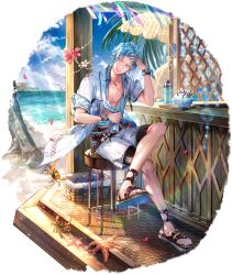 Rule 34 | 1boy, achan (blue semi), alternate costume, asymmetrical hair, basket, beach, beach umbrella, belt, belt pouch, bird, blue hair, book, border, bowl, brown belt, carrying, carrying under arm, ciriaer (eternal tree), counter, crab, crossed legs, cuffs, day, eternal tree, eyewear hang, fading border, falling petals, flower, food, food stand, full body, gladiator sandals, hand in own hair, hibiscus, highres, holding, holding towel, jacket, jammers, jewelry, light particles, light rays, looking to the side, lotion, male focus, male swimwear, medium hair, necklace, no shirt, ocean, official art, outdoors, palm tree, parted bangs, parted lips, petals, plumeria, pouch, red flower, sandals, seagull, seashell, shaved ice, shell, short sleeves, shorts, sideways glance, sitting, smile, solo, spoon, starfish, stool, summer, sunglasses, sunlight, sunscreen, swimsuit, swimsuit under clothes, thermos, third-party source, toned, toned male, towel, towel around neck, transparent background, tray, tree, umbrella, unworn eyewear, wafer stick, white flower, white jacket, white shorts, yellow eyes