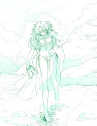 Rule 34 | 1girl, aqua theme, barefoot, bra, green theme, hairband, holding, holding shoes, lingerie, monochrome, panties, puyo (puyotopia), see-through, shoes, sketch, solo, stream, underwear, wading, water