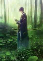 Rule 34 | 10s, 1boy, black gloves, blue hair, flower, forest, from side, full body, gloves, hair between eyes, hair ornament, holding, holding flower, japanese clothes, katana, lily pad, male focus, mikazuki munechika, nature, outdoors, sayagata, sheath, sheathed, solo, standing, sword, takano takao, tassel, touken ranbu, tree, watermark, weapon, web address, white flower, wide sleeves