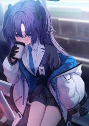 Rule 34 | 1girl, black gloves, black skirt, blue archive, blue necktie, blush, breasts, coffee cup, collared shirt, cowboy shot, cup, disposable cup, formal, gloves, hair between eyes, halo, highres, holding, holding cup, jacket, long hair, long sleeves, looking at viewer, mechanical halo, medium breasts, necktie, open clothes, open jacket, pleated skirt, purple eyes, purple hair, shirt, skirt, solo, suit, takashima shoa, two-sided fabric, two-sided jacket, two side up, white jacket, white shirt, yuuka (blue archive)