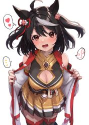 Rule 34 | 1girl, ahoge, animal ears, black hair, breasts, cleavage, cleavage cutout, clothing cutout, commentary request, detached sleeves, hair ornament, heart, highres, horse ears, horse girl, horse tail, jacket, kitasan black (umamusume), large breasts, looking at viewer, medium breasts, na-code (gurich), open mouth, red eyes, simple background, solo, spoken heart, tail, thighhighs, umamusume, white background