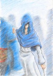 Rule 34 | 1boy, 1girl, assassin&#039;s creed, assassin&#039;s creed (series), bad id, bad pixiv id, blade, blue eyes, blue hair, colored pencil (medium), commentary request, esparda, fusion, concealed weapon, hidden blade (assassin&#039;s creed), hood, kumoi ichirin, morichika rinnosuke, touhou, traditional media, weapon, you (esparda)